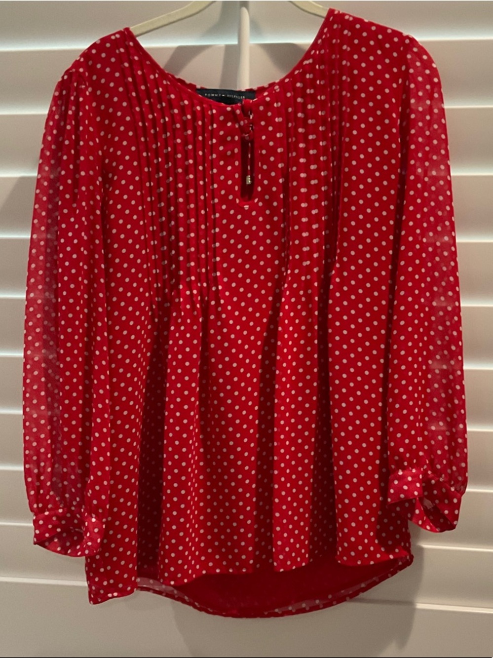 Tommy Hilfiger Red Polka Dot Pleated Neck Blouse